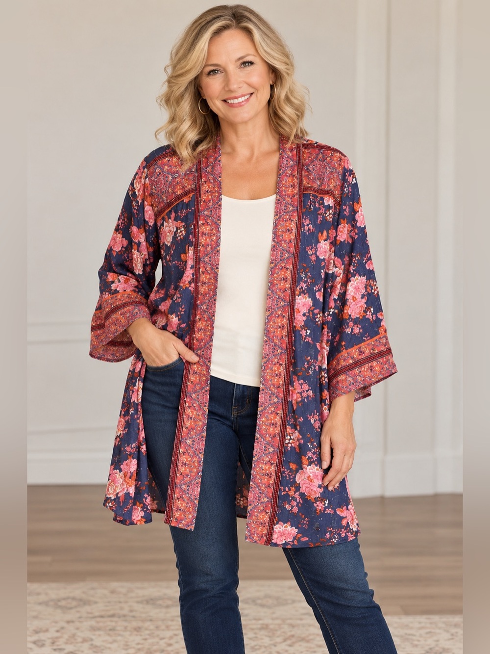 Matilda Jane Floral Boho Kimono Cardigan Womens M/L Blue Pink Open Front B0
